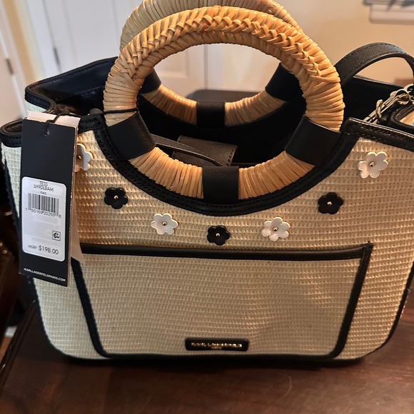 Karl Lagerfeld Handbags - Karl Lagerfeld Beige and Black Floral Accent Straw Crossbody Tote